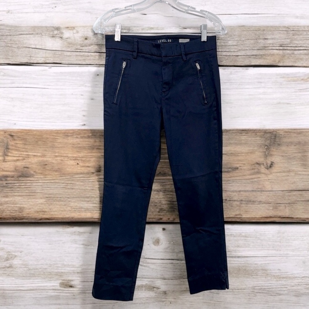 Level 99 Pant Womens Blue Double Welt Zip Trouser Stretch Crop Size 25P